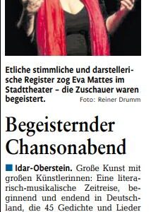 Zur Heimat erkor ich mir die Liebe Eva Mattes singt, spielt, rezitiert populäre Chansons, Balladen, Lyrik  (Rhein Zeitung Idar-Oberstein 26.11.2019)